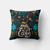 ハッピーイースターバニーアート、抽象芸術フローラ、ブラック クッション (裏面)