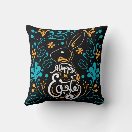 ハッピーイースターバニーアート、抽象芸術フローラ、ブラック クッション (裏面)