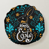 ハッピーイースターバニーアート、抽象芸術フローラ、ブラック ラウンドクッション (裏面)