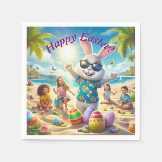ハッピーイースターバニーオンザビーチ スタンダードカクテルナプキン (正面)