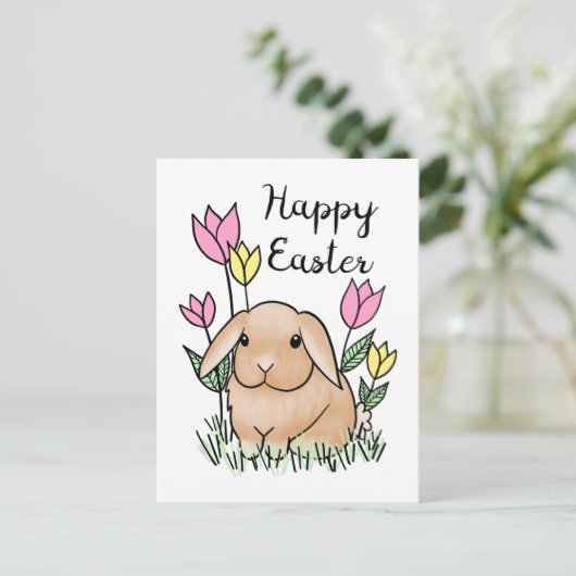 ハッピーイースターバニーカワイイ春の花 ポストカード (スタンド正面)