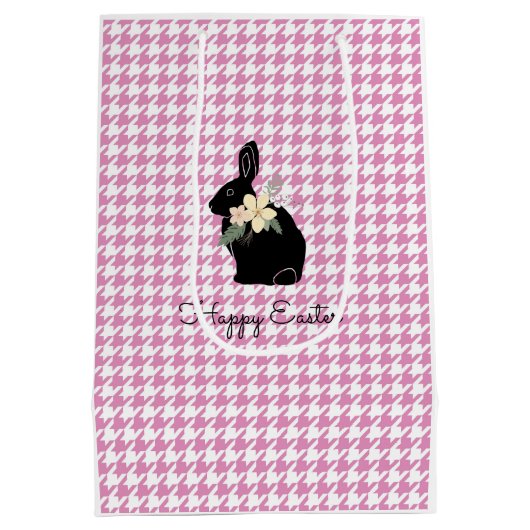 ハッピーイースターバニーシルエット千鳥格子の花 ミディアムペーパーバッグ (裏面)