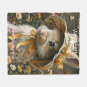 ハッピーイースターバニーストローハットオレンジリボン フリースブランケット (正面(横))