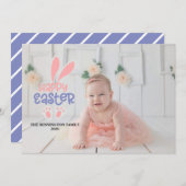 ハッピーイースターバニーパープルストライプ写真 シーズンカード (正面/裏面)