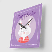 ハッピーイースターバニーパープル スクエア壁時計 (傾斜)