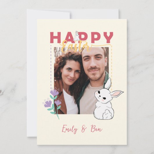 ハッピーイースターバニーフラワーフォト編集可能 シーズンカード (正面)