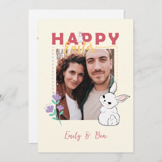 ハッピーイースターバニーフラワーフォト編集可能 シーズンカード (正面/裏面)