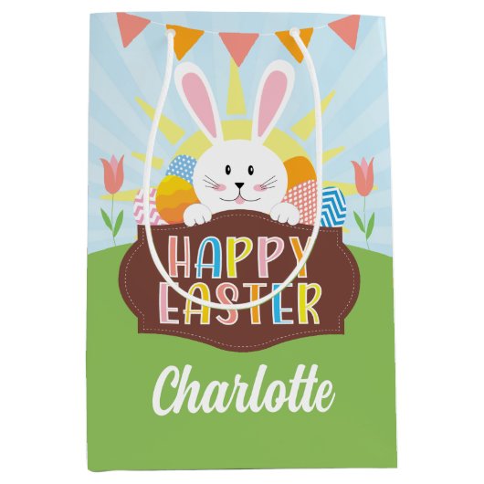 ハッピーイースターバニーホリデーカラフルエッグズキッズ ミディアムペーパーバッグ (正面)