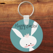 ハッピーイースターバニーラビットオンブルーティール(緑がかった色)背景 キーホルダー (正面)