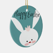 ハッピーイースターバニーラビットオンブルーティール（緑がかった色）背景 セラミックオーナメント (右)