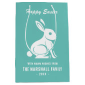 ハッピーイースターバニーラビットファミリーネームティール（緑がかった色）ホワイト ミディアムペーパーバッグ (正面)