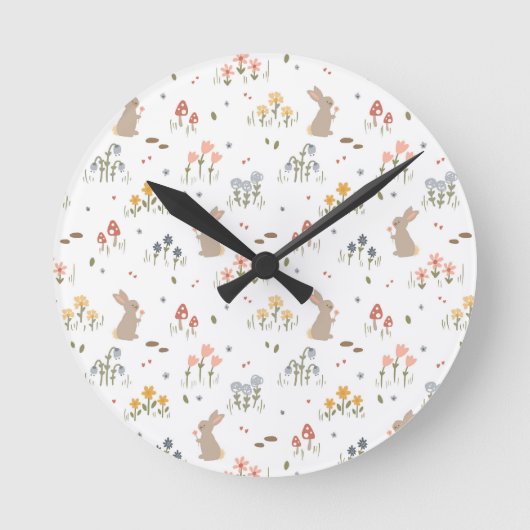 ハッピーイースターバニーワイルドフラワーキュートキッズベッドルーム ラウンド壁時計 (正面)