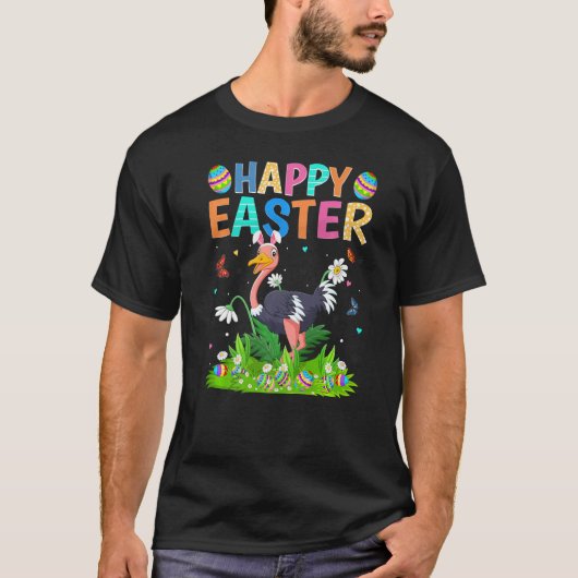 ハッピーイースターバニー卵おもしろいダチョウ鳥イースター Tシャツ (正面)
