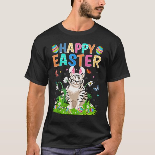 ハッピーイースターバニー卵おもしろいホワイトタイガーイースタースー Tシャツ (正面)