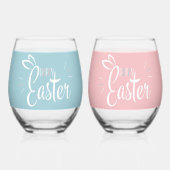 ハッピーイースターバニー耳かわいいピンクとブルーレトロ ステムなしワイングラス (裏面)