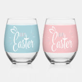 ハッピーイースターバニー耳かわいいピンクとブルーレトロ ステムなしワイングラス (正面)