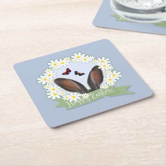 ハッピーイースターバニー耳デイジーリース スクエアペーパーコースター (アングル)