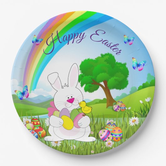 ハッピーイースターバニー色の卵かわいい ペーパープレート (正面)
