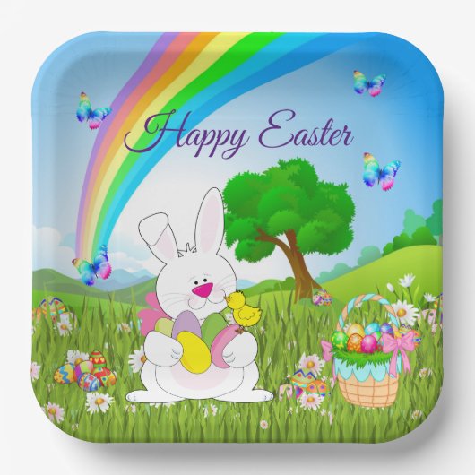 ハッピーイースターバニー色の卵かわいい ペーパープレート (正面)