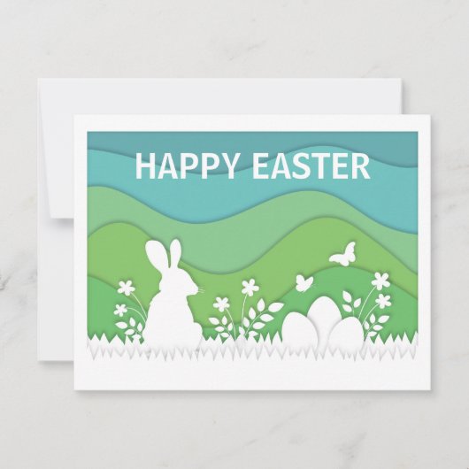 ハッピーイースターバニー、かわいいペーパーカット漫画 シーズンカード (正面)