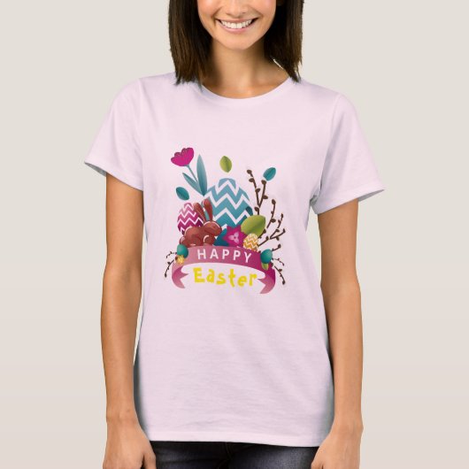 ハッピーイースターバニー、卵デザイン Tシャツ (正面)