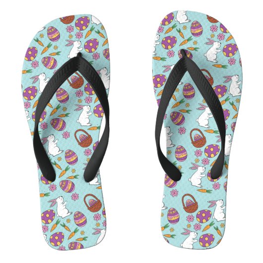 ハッピーイースターバンニーフローラルパターンエッグスプリングブルー ビーチサンダル (フットベッド)