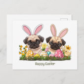 ハッピーイースターパグドッグズバニー耳 ポストカード (正面/裏面)