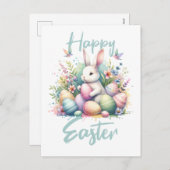 ハッピーイースターパステルイースターバニーエッグの水色 シーズンポストカード (正面/裏面)