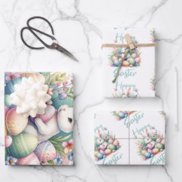 ハッピーイースターパステルイースターバニーエッグの水色 ラッピングペーパーシート