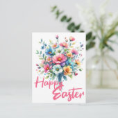 ハッピーイースターパステルピンク春フラワーブーケ シーズンポストカード (スタンド正面)