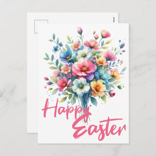 ハッピーイースターパステルピンク春フラワーブーケ シーズンポストカード (正面/裏面)