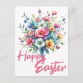 ハッピーイースターパステルピンク春フラワーブーケ シーズンポストカード (正面)