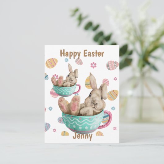 ハッピーイースターパーソナライズされたバニーシーズインティーカップス シーズンポストカード (スタンド正面)