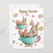 ハッピーイースターパーソナライズされたバニーシーズインティーカップス シーズンポストカード (正面/裏面)