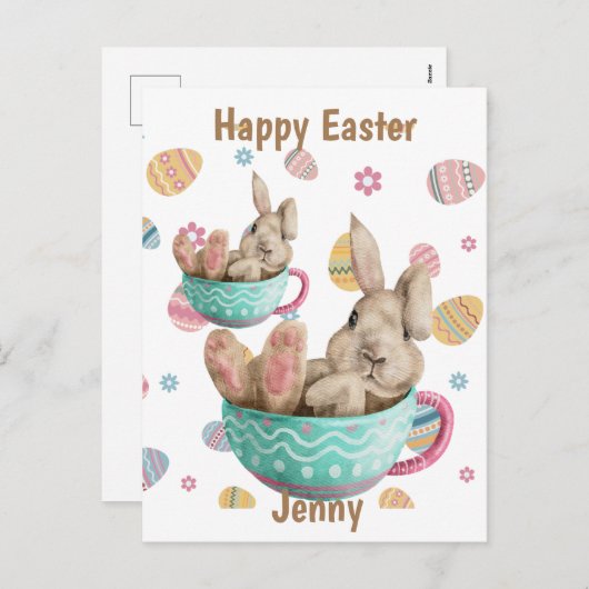 ハッピーイースターパーソナライズされたバニーシーズインティーカップス シーズンポストカード (正面/裏面)