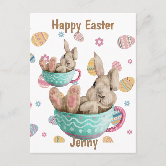 ハッピーイースターパーソナライズされたバニーシーズインティーカップス シーズンポストカード (正面)