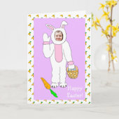 ハッピーイースターパーソナライズされた写真イースターバニー カード (黄色い花)