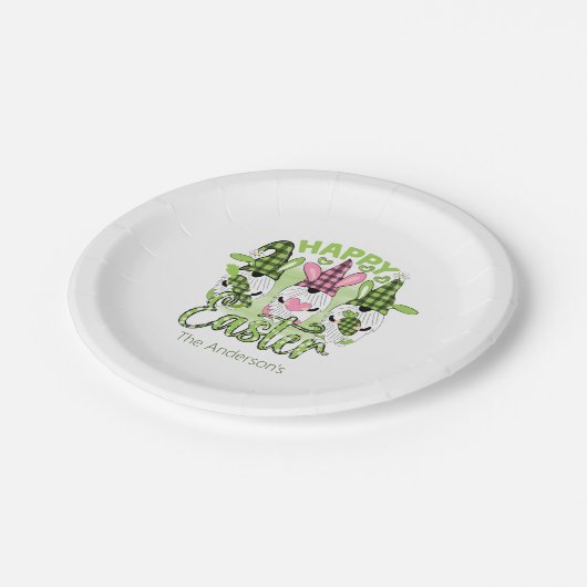 ハッピーイースターパーソナライズされた格言ピンクグリーンパーティー ペーパープレート (アングル)