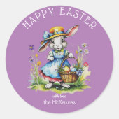 ハッピーイースターパープルヴィンテージ水彩バニーエッグ ラウンドシール (正面)