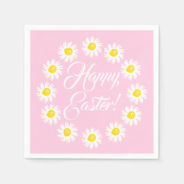 ハッピーイースターピンクのスクリプトかわいいデイジー陽気おもしろい スタンダードカクテルナプキン