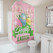 ハッピーイースターピンクの花と卵 シャワーカーテン (インサイチュ)
