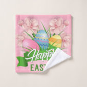 ハッピーイースターピンクの花と卵 バスタオルセット (ウォッシュタオル)