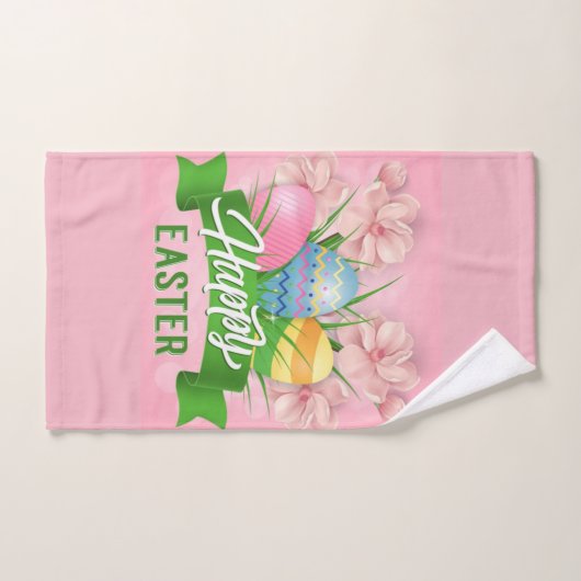 ハッピーイースターピンクの花と卵 バスタオルセット (ハンドタオル)