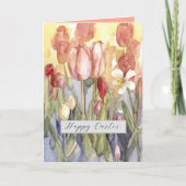 ハッピーイースターピンクチューリップダッフォディルウォーター色 カード (正面)