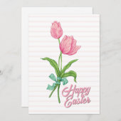 ハッピーイースターピンクチューリップフラワーボウストライプ春 シーズンカード (正面/裏面)