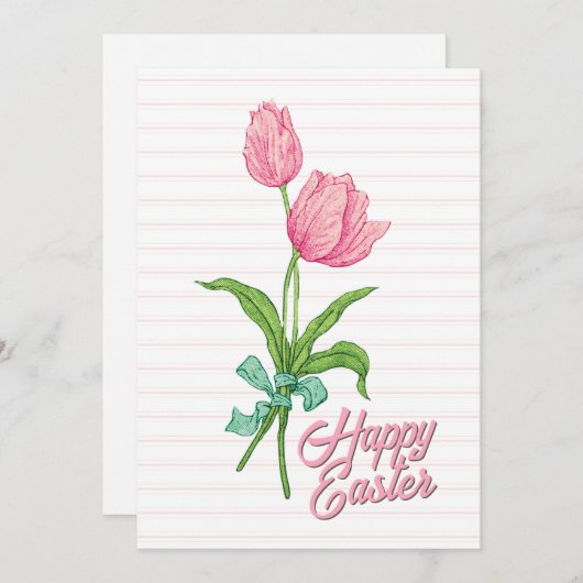 ハッピーイースターピンクチューリップフラワーボウストライプ春 シーズンカード (正面/裏面)