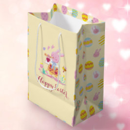 ハッピーイースターピンクバニーガーデンエッグ狩りイエロー ミディアムペーパーバッグ