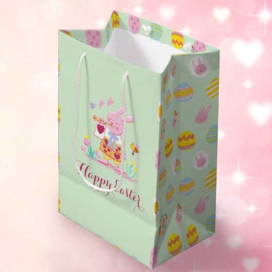 ハッピーイースターピンクバニーガーデンエッグ狩りグリーン ミディアムペーパーバッグ