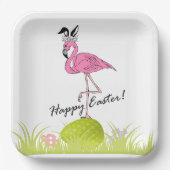 ハッピーイースターピンクフラミンゴバニー耳と卵 ペーパープレート (正面)