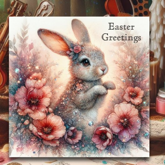 ハッピーイースターピーチウォーターカラーフローラバニーイースター シーズンカード